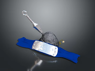 Decorative Silver Sword Hilt With Black Net Wrapped Stone Blue Cloth And Metal Plate 3d model