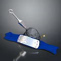 Decorative Silver Sword Hilt With Black Net Wrapped Stone Blue Cloth And Metal Plate