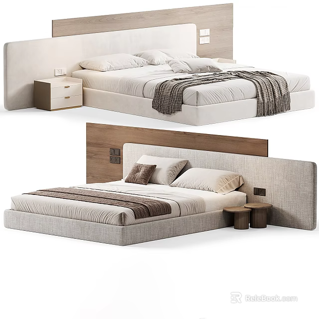 Modern Double Bed With Upholstered Headboard Bedside Tables And Cozy Bedding 3d model 