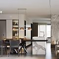 Modern Living Dining Room Interior With Marble Wall TV Sofa And Pendant Lights