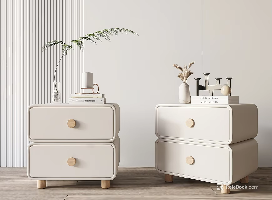 White Minimalist Bedside Tables With Two Drawers Wooden Knobs Green Plant Dried Flowers Books 3d model 