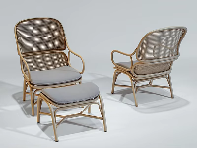 Stylish Wicker Armchairs With Wooden Frame Gray Cushions And Matching Ottoman 3d model