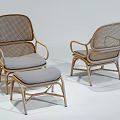 Stylish Wicker Armchairs With Wooden Frame Gray Cushions And Matching Ottoman