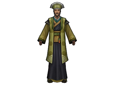 Game and Movie Character Wearing Ancient Hat Traditional Green Robe Dark Garment and Ornate Belt 3d model