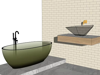Green Glass Bathtub In Bathroom With Brick Wall And Glass Sink On Wooden Shelf 3d model