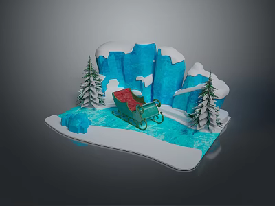 Enchanting Winter Landscape With Blue Icebergs Red Sleigh Pine Trees And Snowy Ground 3d model