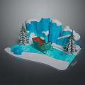 Enchanting Winter Landscape With Blue Icebergs Red Sleigh Pine Trees And Snowy Ground