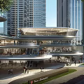 Modern Commercial Complex With Glass Facades Tall Buildings Roads Vehicles And Greenery