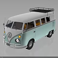 Vintage Volkswagen Bus with Light Blue and White Exterior and Roof Rack Design