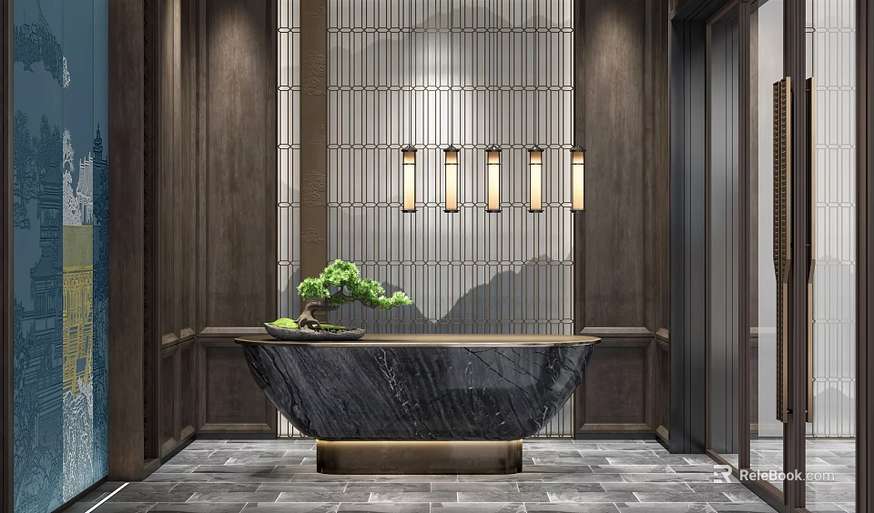 Modern Chinese Reception Desk With Wooden Frame Marble Countertop Metal Grid Background And Pendant Lights 3d model 