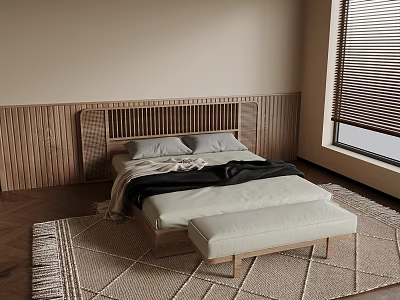 Double Bed with Wooden Slatted Headboard and Footstool in Cozy Bedroom with Rug and Blinds 3d model