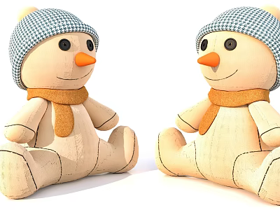 Cute Plush Snowman Dolls With Blue And White Checkered Hats And Orange Scarves Sitting 3d model