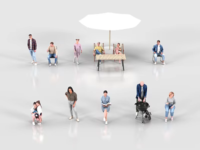 Group of Various People Sitting Standing and Crouching Around White Umbrella with Bench and Wheelchair 3d model
