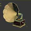 Vintage Gramophone With Ornate Brass Horn And Wooden Turntable Body