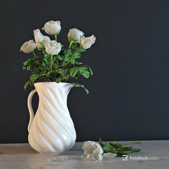 White Twisted Vase With Fresh White Roses And Green Leaves On Dark Background 3d model 