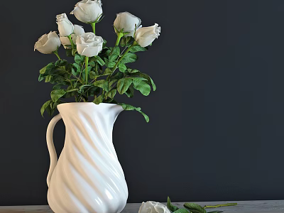 White Twisted Vase With Fresh White Roses And Green Leaves On Dark Background 3d model