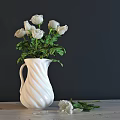White Twisted Vase With Fresh White Roses And Green Leaves On Dark Background