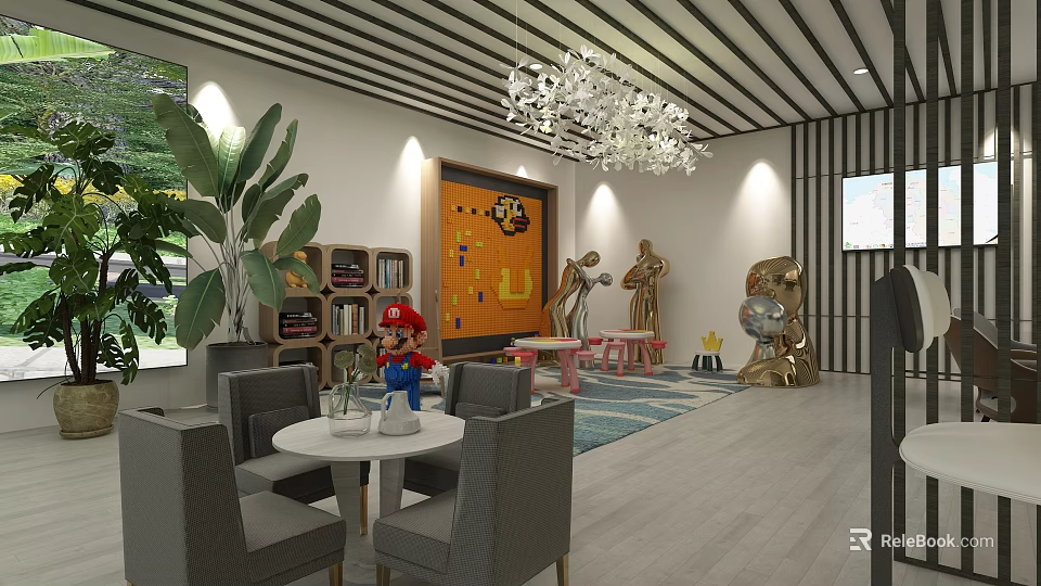 Eclectic Interior Space With Decorative Figurines Sculptures Bookshelves Green Plants And Pendant Lights 3d model 