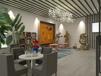 Eclectic Interior Space With Decorative Figurines Sculptures Bookshelves Green Plants And Pendant Lights 3d model