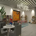 Eclectic Interior Space With Decorative Figurines Sculptures Bookshelves Green Plants And Pendant Lights
