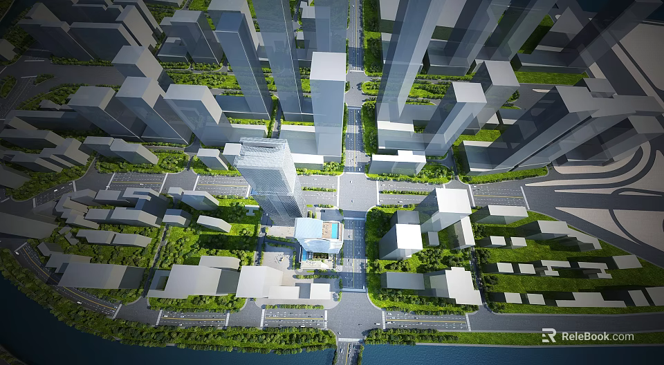 Aerial Urban Planning View With Skyscrapers Roads Green Spaces And Waterfront Layout Design 3d model 