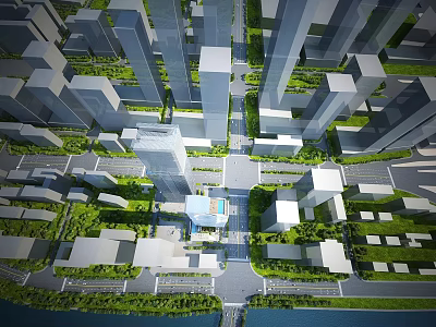 Aerial Urban Planning View With Skyscrapers Roads Green Spaces And Waterfront Layout Design 3d model