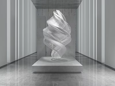 Modern Exhibition Hall Featuring Central Spiral Sculpture White Vertical Lines And Sleek Gray Floor 3d model