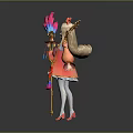 Anime Girl Character With Bird Feather Fan In Pink White Outfit And Red Bow Accessory