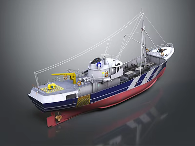 3D Rendered Fishing Ship With Colorful Hull And Deck Equipment 3d model