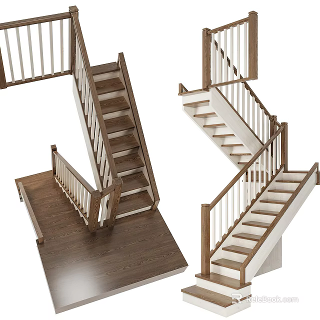Modern Wooden Staircase Designs Featuring Railings and Steps in Dark Light Wood 3d model 
