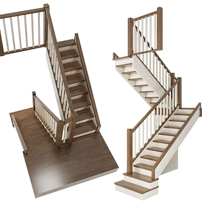 Modern Wooden Staircase Designs Featuring Railings and Steps in Dark Light Wood 3d model