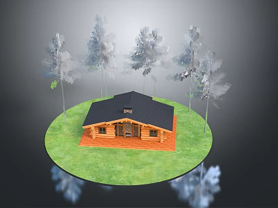 Cartoon Scene With Small Wooden House On Green Lawn And Trees Around 3d model