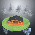 Cartoon Scene With Small Wooden House On Green Lawn And Trees Around