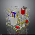 Industrial Equipment System Detailed 3D Model With Pipes Valves Red Containers White Cabinets Yellow Components