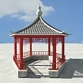 Traditional Chinese Pavilion With Red Pillars Black Tiled Roof And Blue Sky Background