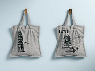 Stylish Canvas Tote Bags With Pisa Tower and Egypt Pyramids Sphinx Prints 3d model