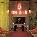 Modern Interior With Green Wavy Neon Wall ON AIR Sign Black Table Brown Chairs Plants