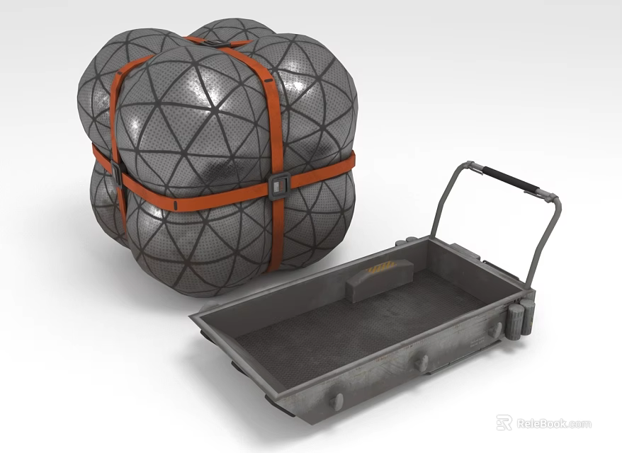 Gray Mesh Texture Sphere Secured By Orange Straps And Gray Metal Tray With Handle 3d model 