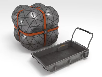 Gray Mesh Texture Sphere Secured By Orange Straps And Gray Metal Tray With Handle 3d model