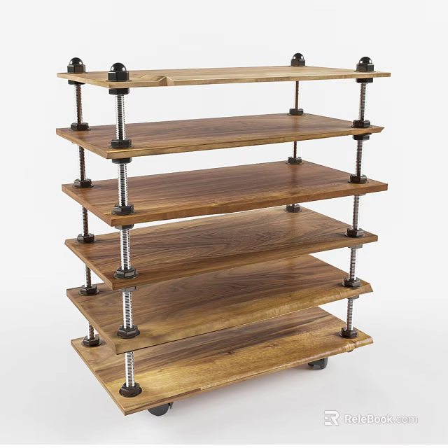 Sturdy Wooden Display Shelf Unit with Multi Tiered Shelves Metal Supports and Mobile Wheels 3d model 