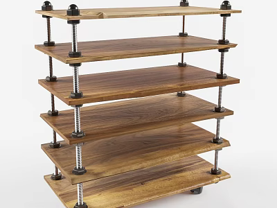 Sturdy Wooden Display Shelf Unit with Multi Tiered Shelves Metal Supports and Mobile Wheels 3d model