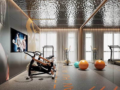 Modern Fitness Gym Interior With Spin Bikes Treadmills Exercise Balls Large Screen Bright Professional Workout Space 3d model