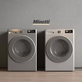 Two Silver Minotti Front Loading Washing Machines Against Gray Wall On Wooden Floor