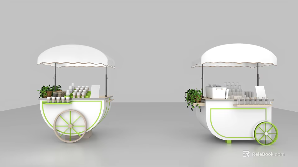 White Utility Cart with Canopy Green Plants Bottled Items and Green Wheels Mobile Vendor Stand 3d model 