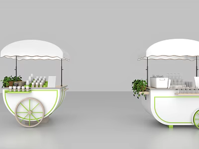 White Utility Cart with Canopy Green Plants Bottled Items and Green Wheels Mobile Vendor Stand 3d model