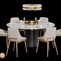 Modern Round Dining Table Set with Marble Top Black Base and Light Grey Gold Chairs