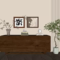 Wooden Console Table On Light Brown Wall With Vase Books Clock Framed Artworks Green Plant