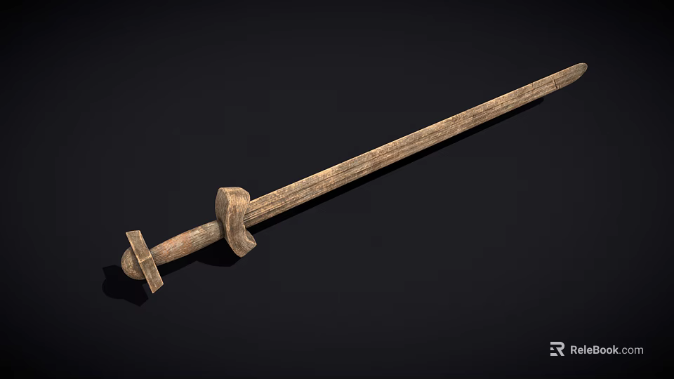 Ancient Wooden Sword Weapon Featuring Carved Handle And Long Sharp Blade 3d model 