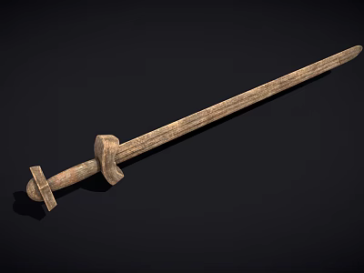 Ancient Wooden Sword Weapon Featuring Carved Handle And Long Sharp Blade 3d model