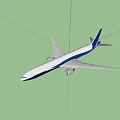 Blue and white passenger airplane flying with large wings and engine shadow below 3d model